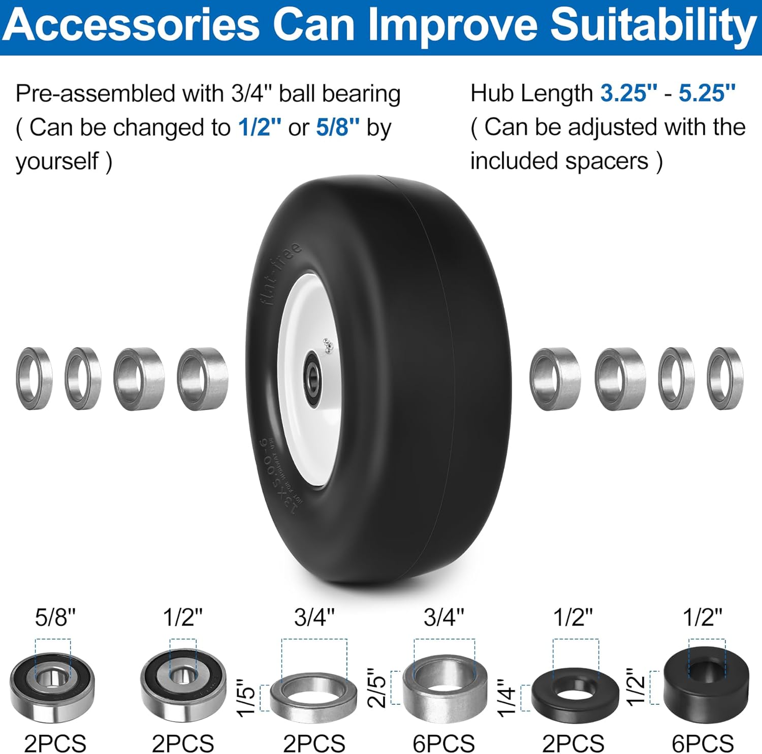 13x5.00-6 Flat Free Lawn Mower Tires and Wheels 3/4 5/8 1/2 Ball Bearings, 13x5x6 Zero Turn Mower Front Tires, Smooth Tires for Commercial Grade Lawn 3.25-5.25 Adjustable Centered Hub